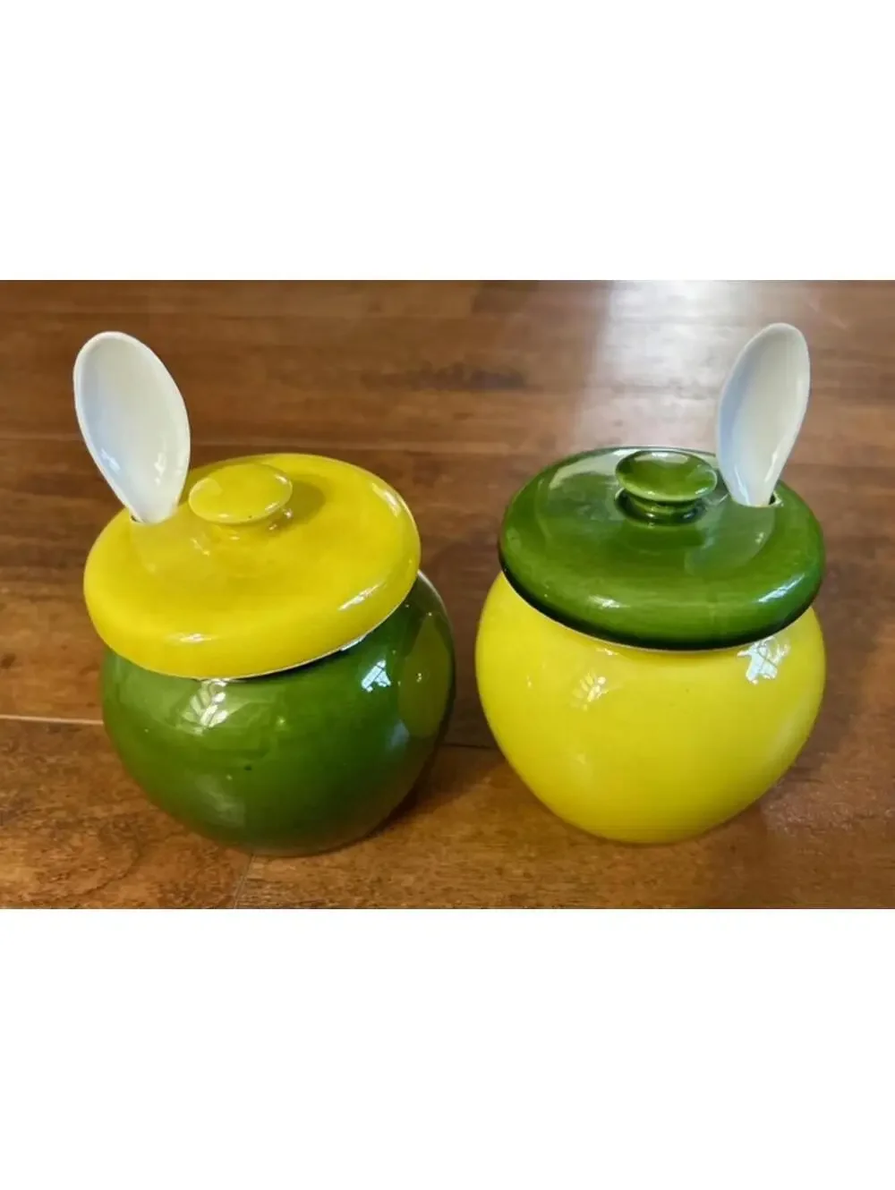Set of Two Ceramic Jam Jars with Lids and Spoons